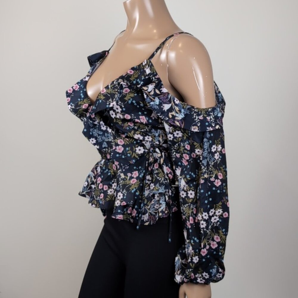 NEW Design Lab Floral Cold Shoulder Wrap Top Long Sleeve Ruffle Lord & Taylor - Picture 6 of 14